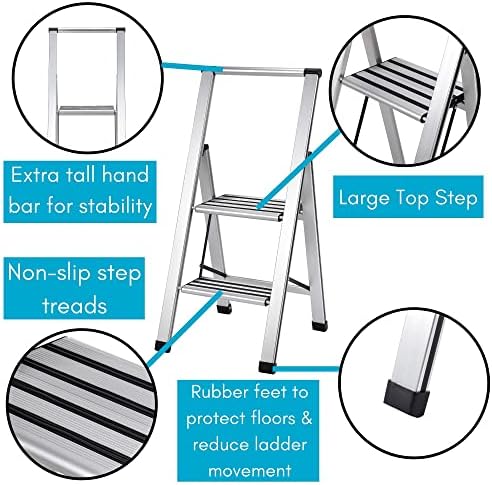 BIRDROCK HOME 2 Step Ladder | Folding Anti-Slip Step Stool, 250 lb Capacity | Lightweight, Slim & Sturdy Design for Household, Kitchen, Garage
