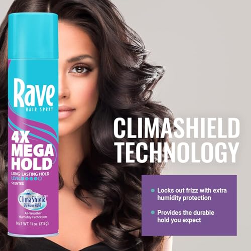 rave 4X Mega Unscented Aerosol Hairspray - Hair Spray for High Humidity Weather - 24-Hour Lasting Hold - Vitamin-Enhanced Hair Volume Spray - 11 oz