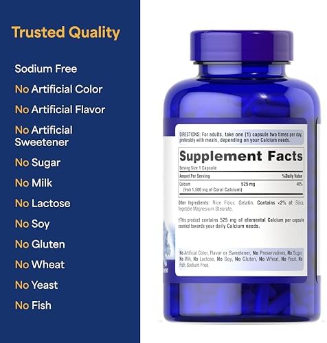 Puritan's Pride Triple Strength Coral Calcium 1500mg with Bone-Active™ | Dietary Supplement For Heart, Nerve, And Muscle Support, 2 Month Supply, 120 Rapid Release Capsules