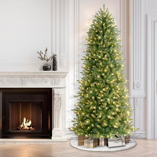 Puleo International 7.5ft Pre-Lit Slim Fraser Christmas Tree with 500 Warm White LED Lights, 1453 Realistic Dense Branch Tips, Easy Setup Artificial Trees with Sturdy Metal Stand