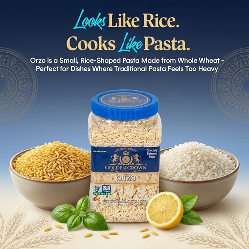 Golden Crown Orzo Pasta - Non GMO & Vegan - All Natural Rice-shaped Pasta in Bronze Cut - Made with 100% Whole Wheat - Perfect for Cold Salad