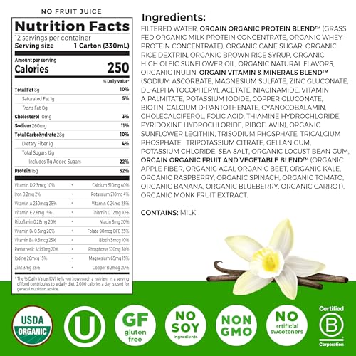 Orgain Organic Grass Fed Dairy 16g Protein Shake, Vanilla, 11oz, 12pk | Ready to drink grass-fed dairy protein, meal replacement, 20 vitamins & minerals, fruits & vegetables, non-GMO, gluten-free