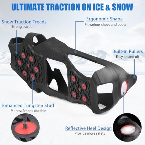 Ice Cleats Tungsten Crampons, Anti Slip Shoes Grippers with Reflective Heel, Ice Snow Cleats for Shoes and Boots Men Women Slip-on Overshoes Stretch Footwear