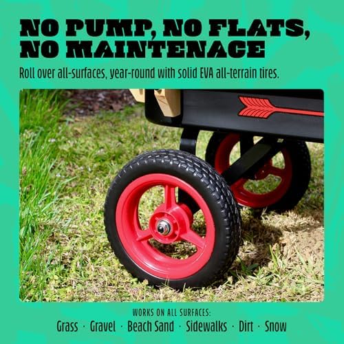 Flexible Flyer All-Terrain Wagon for Kids with Steel Bed & Wood Sides, Extra-Long Pull Handle for Adults, Heavy Duty Toy, Garden & Beach Baby Wagon