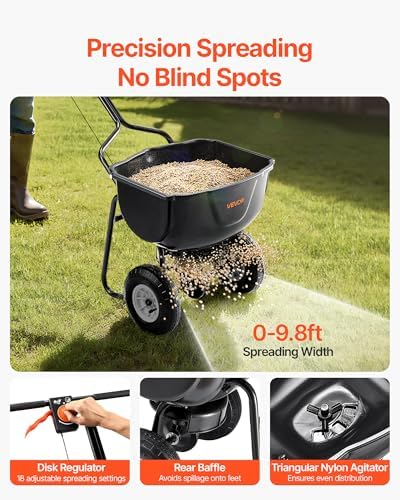 VEVOR Walk Behind Spreader, 60LBS Capacity, Push Spreader with 0-9.8 ft Spreading Width, 8 in All Terrain Pneumatic Tires