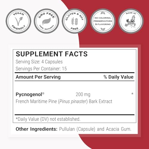 Supersmart - Pycnogenol 200mg per Day (Patented & Highly Bioavailable) - French Maritime Pine Bark Extract | Non-GMO & Gluten Free - 60 Vegetarian