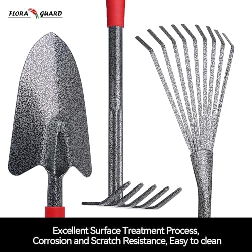 FLORA GUARD 6-Piece Garden Tool Set | Heavy Duty Gardening Hand Tools with High Carbon Steel Including Trowel, Rakes, 2-in-1 Hoe and Crack Weeder