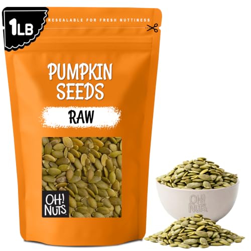 Oh! Nuts Raw Pumpkin Seeds Unsalted Pepitas 1 Pound - 100% Natural | Raw pumpkin seeds unsalted - 100% natural organic pepitas to eat - No shell - Packed in NY - Resealable zip-seal bag