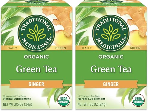 Traditional Medicinals Organic Green Tea Ginger, 16 Tea Bags | Promotes Healthy Digestion, Occasional Nausea & Indigestion Relief, Kosher, Non-GMO