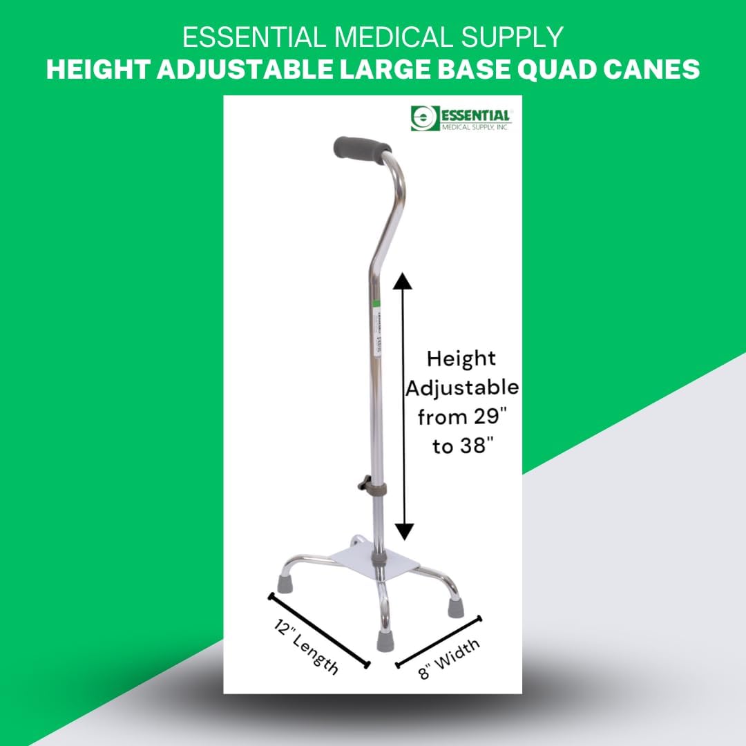 Essential Medical Supply Large Base Quad Cane in Silver - Height Adjustable Walking Cane