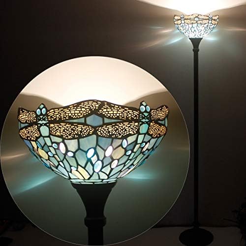 WERFACTORY Tiffany Floor Lamp Sea Blue Stained Glass Torchiere Pole Light | 12X12X71 Inches Dragonfly Standing Corner Torch Uplight Decor Bedroom
