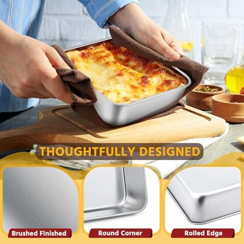 E-far 8 x 8-Inch Baking Pan with lid, Square Cake Brownie Baking Pans Stainless Steel Bakeware Set of 2, Non-toxic & Healthy