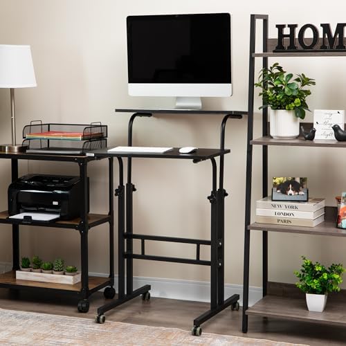 Mind Reader Standing Desk, Adjustable Height Laptop Workstation, Portable Rolling Desk on Wheels, Two-Tier Metal Frame, Black