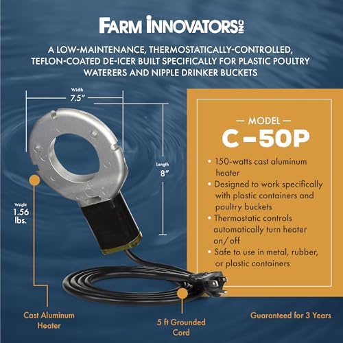 Farm Innovators Chicken Waterer De-Icer for Nipple Drinker Chicken Water Buckets - 150W Water Deicer with Thermostatically Controlled Heating | For