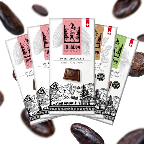 MilkBoy Swiss Chocolates Chocolate Bar Variety Flavors - 3 oz, 5 Pack | Includes milk, dark, white bourbon vanilla, caramel sea salt & almond flavors. Rainforest Alliance certified cocoa. Kosher.
