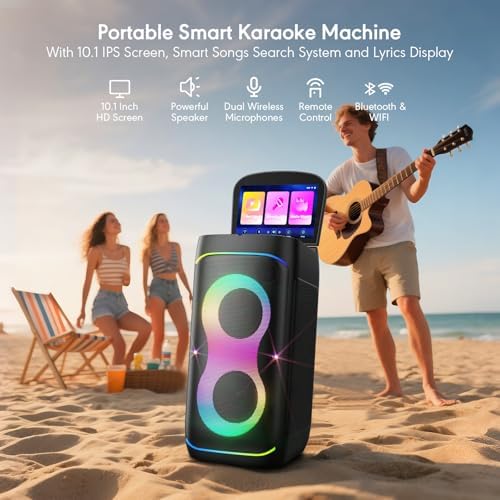 Smart Karaoke Machine with 10.1 Inch Screen, with Lyrics Display, Build-in Karaoke APP, 300W Powerful Speaker, 2 Wireless Microphones