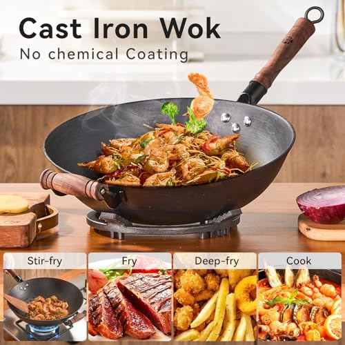 WANGYUANJI 12.6 Inch Cast Iron Wok with Wooden Lid, Handcrafted Flat Bottom Chinese Stir Fry Pan, Uncoated Heavy-Duty Iron Wok for Induction, Gas