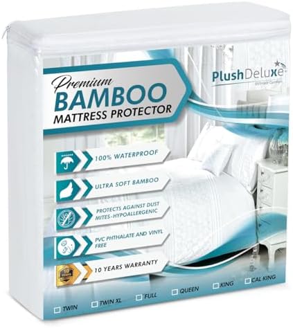 PlushDeluxe Bamboo Waterproof Mattress Protector, Queen Size, Ultra Soft