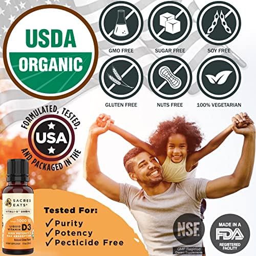 Organic Liquid Vitamin D Drops for Kids & Adults, Sugar Free. Easy to Use 1, 000 IU/Drop in Coconut MCT Oil. Lasts Months