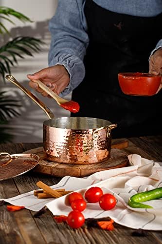 DEMMEX 1.2mm Thick Hammered Uncoated Copper Saucepan with Lid & Helper Handle, Food-Safe Tin Lined (1.7-Quart)