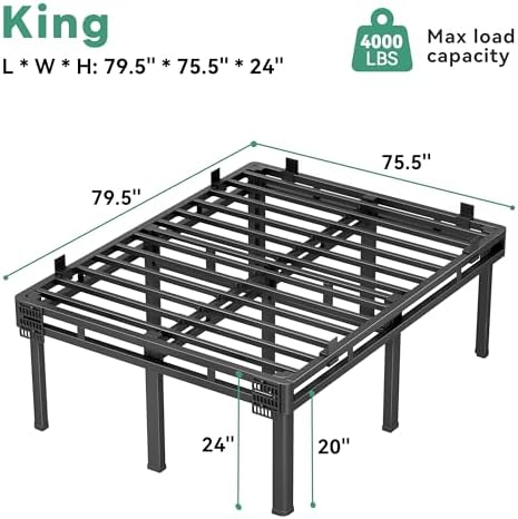 Superay 24 inch HIgh Queen Bed Frame with Rounded Legs, Double Layer Design | Metal Bed Frame & Box Spring 2 in 1 High Platform with Matress Gasket & headboard Adapter, Heavy Duty Support 4000lbs, Black