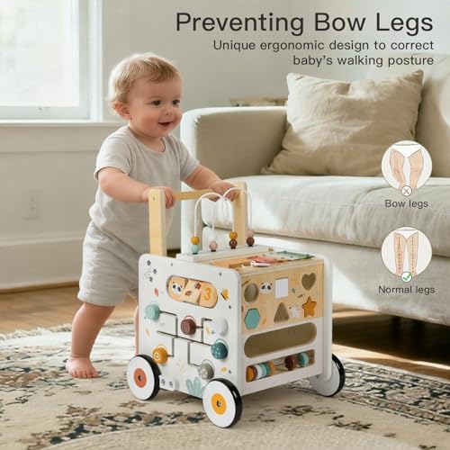 Wooden Baby Walker, Activity Cube Push Walker for Boys and Girls, Toddler Montessori Learning to Walk Toy with Adjustable Speed