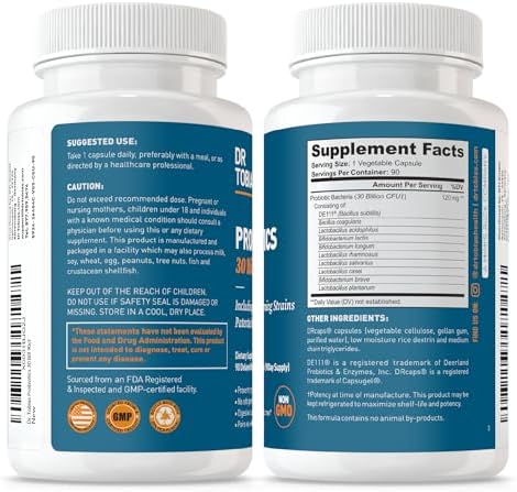 Dr. Tobias Probiotics 30 Billion CFU 30 Capsules | Gut Health Support | Daily Digestive Support | 10 Probiotic Strains | Targeted Release Probiotics for Women & Men | Shelf Stable | 30 Servings