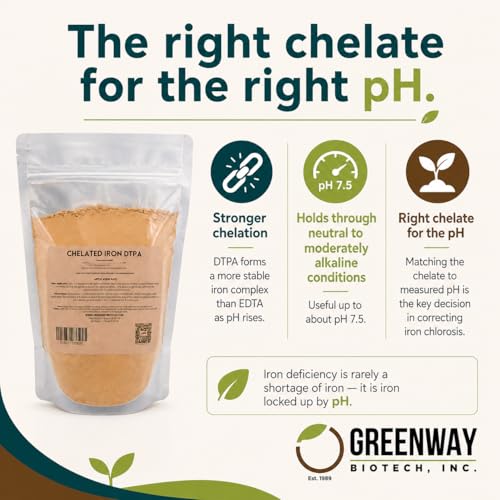 Greenway Biotech, Inc. Chelated Iron DTPA 11% - for Alkaline Soils (pH 4.0-7.5) - 100% Water Soluble Fertilizer for Citrus, Lawns & Hydroponics - Corrects Iron Chlorosis - Made in USA - 1 Pound