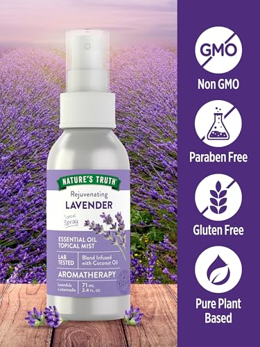 Nature's Truth Lavender Essential Oil Spray | 2.4 fl oz | Room Aroma Mist, Topical Use, & Yoga | Room Aroma Mist, Topical Use & Yoga