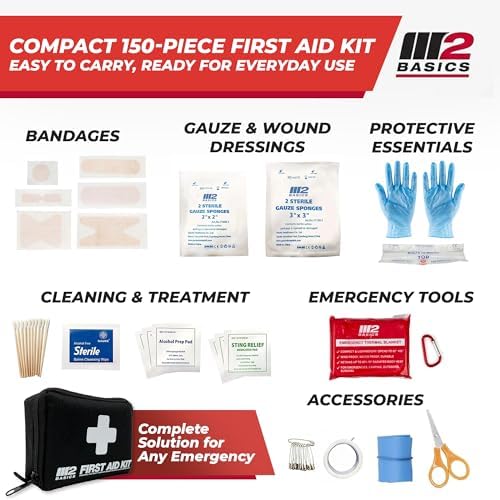 M2 BASICS 150 Piece Premium First Aid Kit, Compact Bag for Purse & Travel | On-The-Go Emergency Use, Backpack, Glove Box, Luggage, Carry-On, School