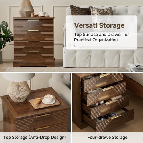 Gyfimoie Tall Nightstand with 4 Drawers Walnut Fluted Bedside Table | Stylish Fluted Design, Rich Walnut Finish, Gold Bar Pulls