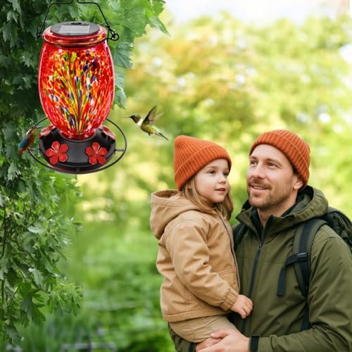 Solar Hummingbird Feeder for Outdoors Hanging Patio Designed 32 Ounces Colorful Hand Blown Glass Hummingbird Feeder 5 Feeding Ports with Perch Never