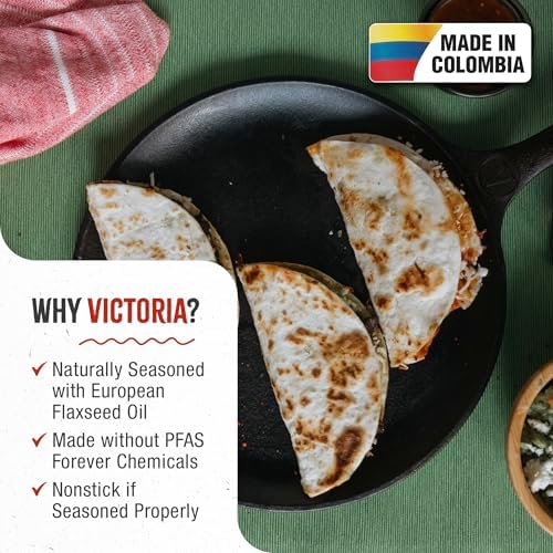 Victoria 10.5-Inch Cast Iron Comal Griddle Pan with a Long Handle, Preseasoned with Flaxseed Oil, Made in Colombia