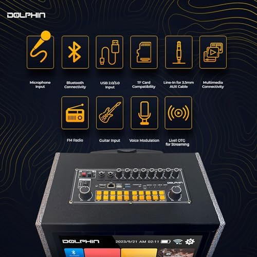 Dolphin KB-2100R Karaoke Machine with 2 Wireless Mics, Dual 10" Woofers | 14" Touchscreen, Android 11.1, Bluetooth, USB, TF, FM & AUX Inputs