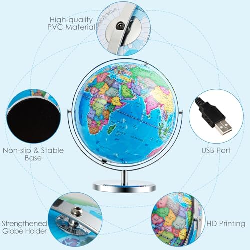 Goplus 13" Large World Globe with Stand, 720° Rotating Illuminated Globe with LED Lights, Metal Base, Desktop Geographic Globe for Home Office