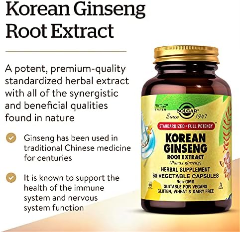 Solgar Korean Ginseng Root Extract, 60 Vegetable Capsules - Immune Support | Standardized, Full Potency (SFP) - Non-GMO, Vegan, Gluten Free