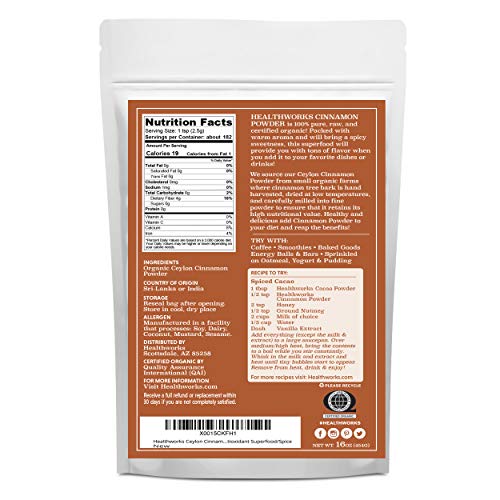 Healthworks Superfoods Organic Ceylon Cinnamon Powder 1 lb Ground Raw Vegan | Organic, Ceylon, Ground, Blood Sugar Support, Non-GMO, Vegan, Keto, For Baking, For Cooking, For Tea, Anti-Inflammatory
