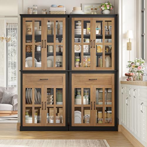 FOTOSOK 71'' Tall Kitchen Cabinet with Glass Doors and Drawer | Freestanding Food Pantry with Adjustable Shelves for Dining, Living Room, Natural