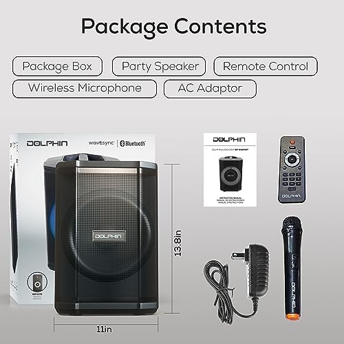 Dolphin Bluetooth Party Speaker with Wireless Microphone, 8" Woofer | 40W RMS, Tiltable Design, WaveSync TWS, LED Ring Light, USB/TF/AUX/FM