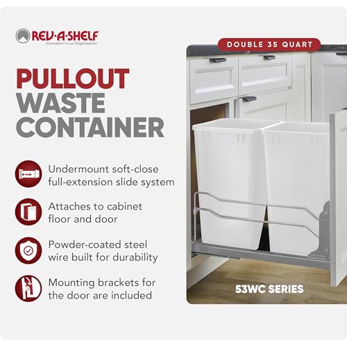Rev-A-Shelf Double Pullout Trash Can w/Soft-Close Slides, 14.5" Min Opening | Large Capacity Garbage/ Recycling Waste Bins for Under Kitchen Cabinets, Heavy Gauge Wire Construction, 53WC-1835SCDM-217