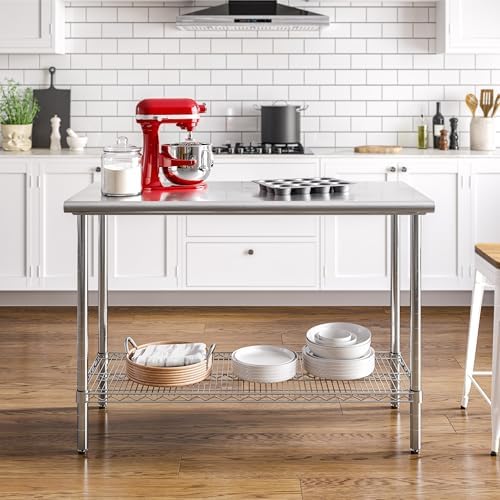 Stainless-Steel Commercial-Grade NSF-Certified Prep Table Cart, 24"W x 20"D | Heavy-duty durable utility workstation supports up to 450 lb w/ adjustable wire shelf and sliding basket on locking wheels
