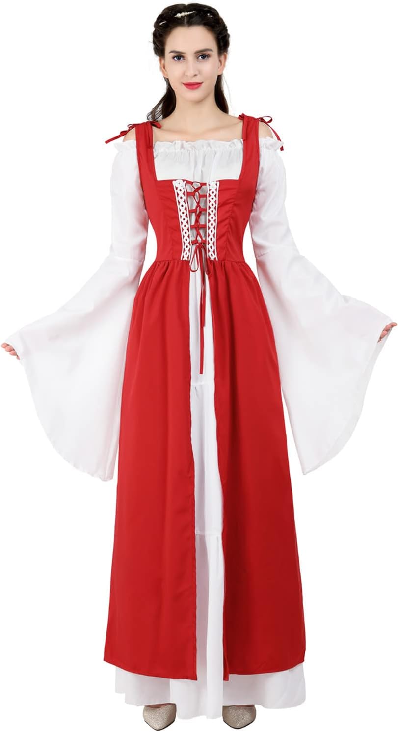 Kranchungel Renaissance Costume Women Dress: Flowy Long Sleeve Medieval Dress for Renaissance Faires & Medieval Festival