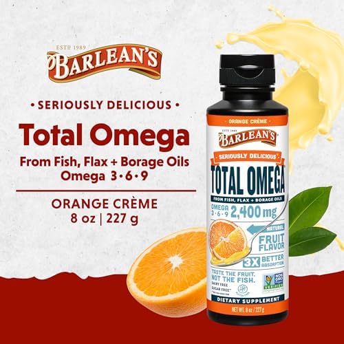 Barlean's Total Omega 3 6 9 Orange Crème Liquid Fish Oil Supplement with Borage and Flaxseed Oil, 2,400 mg of Omegas EPA and DHA Plus GLA for Joint and Heart Health, 8 oz | Fish, borage & flax oils, EPA DHA ALA GLA omegas, Burpless, Non-GMO, Gluten-free,…
