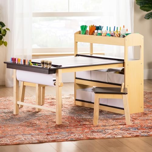 Guidecraft Deluxe Art Center: Kids' Montessori Art Table and Chairs Set with Storage Shelves, 6 Fabric Bins