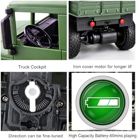XINGRUI 1:18 RC Military Truck, 50 Min Playtime Remote Control Car, 2.4Ghz 4WD Off-Road Vehicle, All Terrain Toy with LED Lights, Gift for Boys Girls Ages 6+