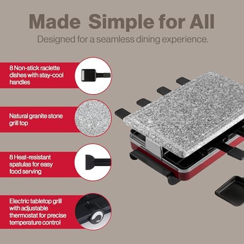 Swissmar Classic 8-Person Raclette Party Grill - Indoor Electric Grill & Griller with Granite Stone Grill Plate - Red