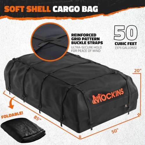 Mockins 90"x50"x5" XXL Heavy Duty Roof Rack Cargo Carrier w/ 250 Lbs. Cap | With 50 Cu Ft Waterproof Soft Vinyl Rooftop Cargo Bag | Roof Basket for