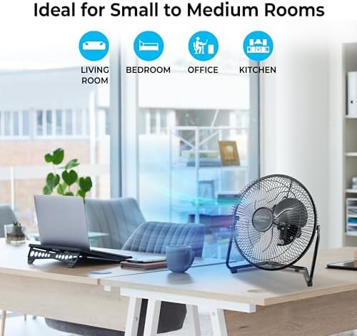 Comfort Zone 9 inch Cradle Fan, 3 Speed Floor or Table Fan with180 Degree Tilt, Metal Construction and Aluminum Blades, Carry Handle, Rubber Feet, Ideal for Bedroom, Workshop, or Garage, Black