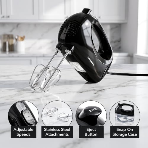 OVENTE 5-Speed Electric Hand Mixer with Storage Case,150W, White HM151W | Stainless Steel Whisks, Compact Portable Design, Lightweight Handheld Mixer for Baking & Cooking