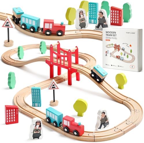 Tiny Land 39 Pcs Wooden Train Set for Toddler with Wooden Tracks | Compatible with Major Brands, Expandable
